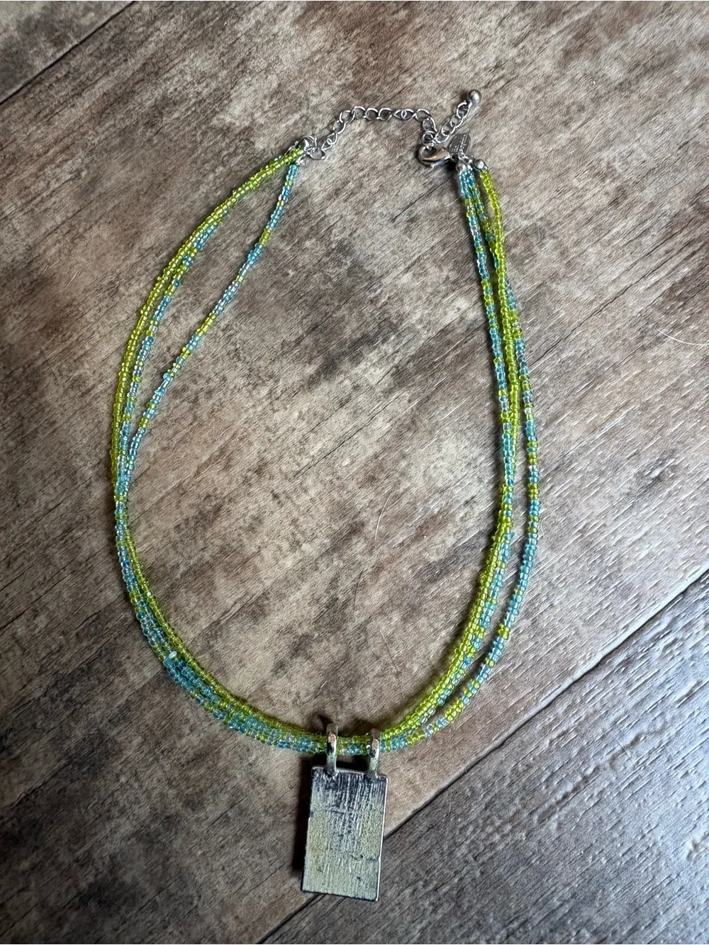 Lia Sophia Lime & Aqua Multi-Strand Beaded Necklace with Rectangular Pendant